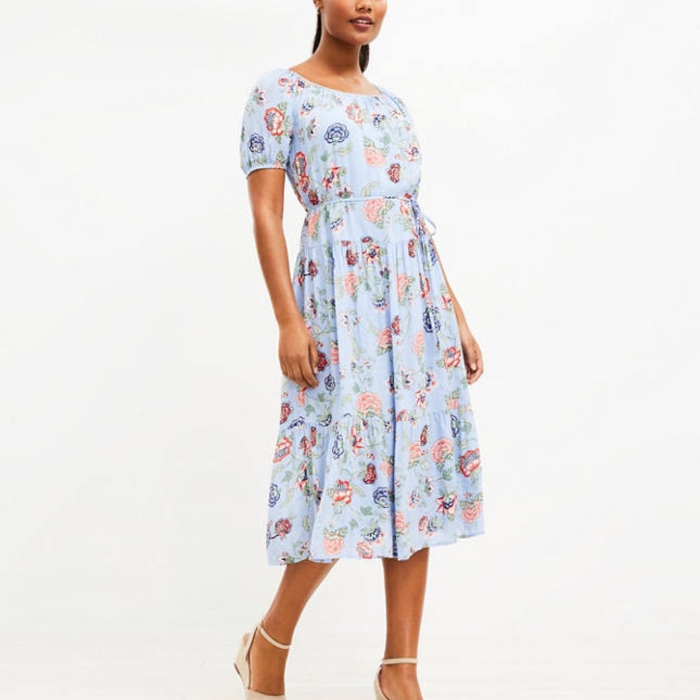 LOFT Floral Tie Waist Tiered Midi Dress Blue NWT Size L